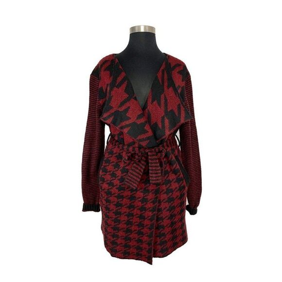 Toda Bela L Burgundy Red Houndstooth Cardigan Sweater Jacket Art To Wear Chunky - Picture 2 of 7